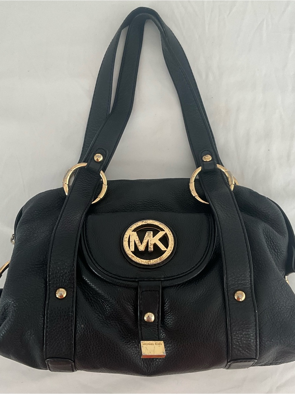 Michael Kors satchel bag black leather with gold tone hardware